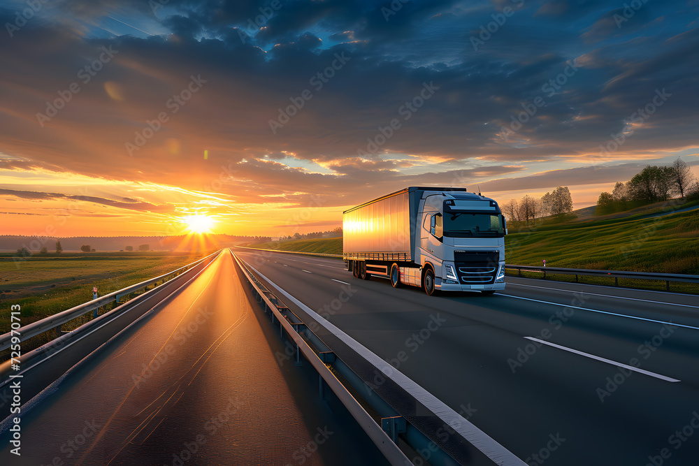 Semi Truck Driving on Highway at Sunset