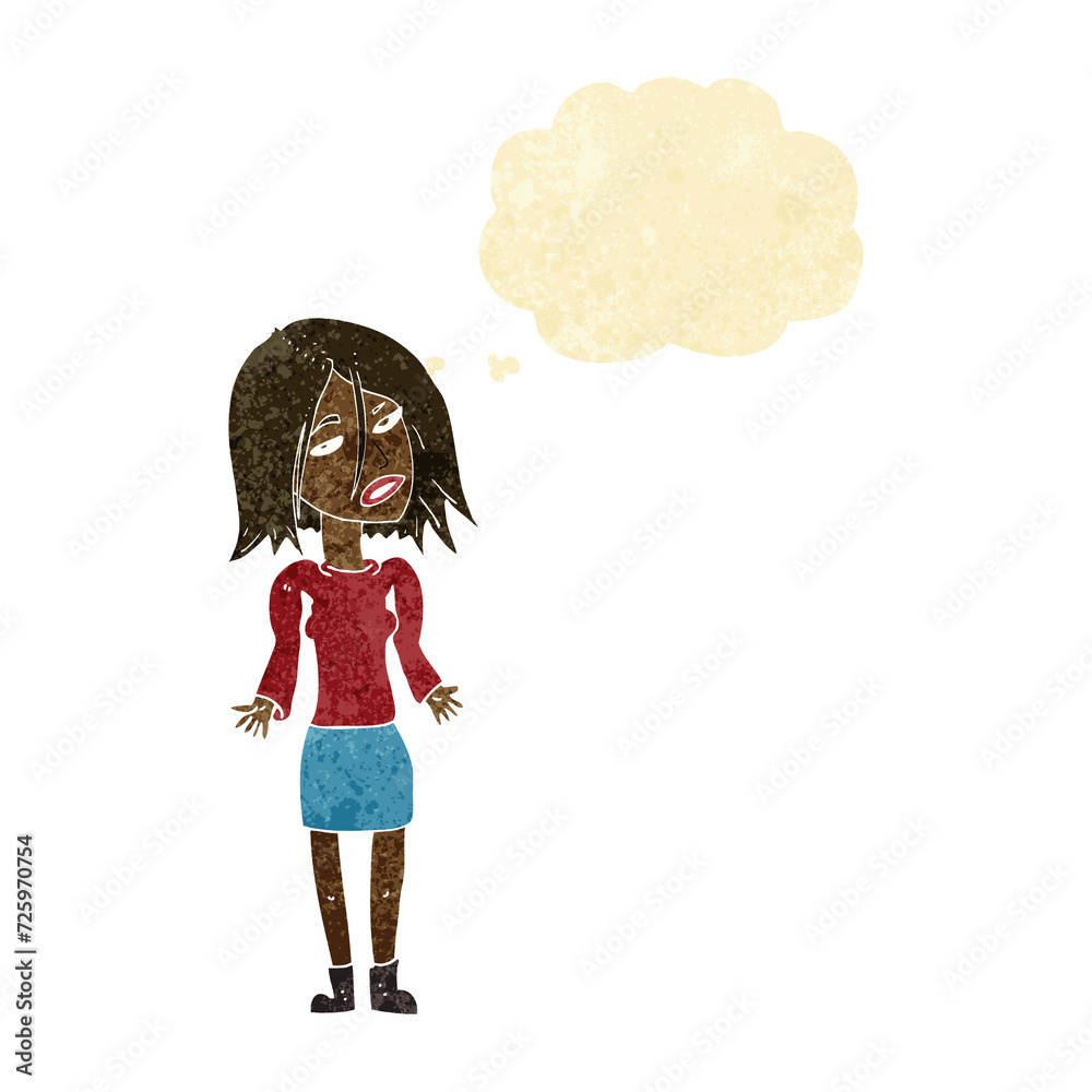 cartoon woman shrugging shoulders with thought bubble cartoon woman shrugging shoulders with thought bubble