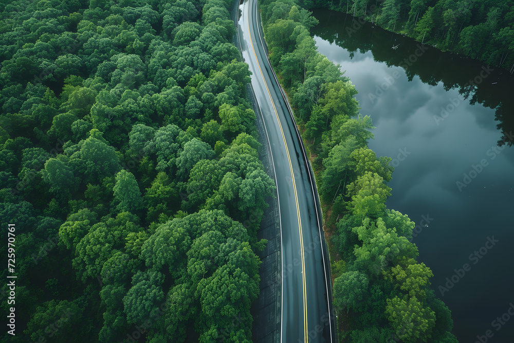 Aerial View of Road Through Forest