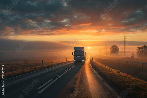 Semi Truck Driving Down Road at Sunset