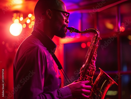 Soulful performance of a saxophonist in a dimly lit jazz club, immersed in the music
