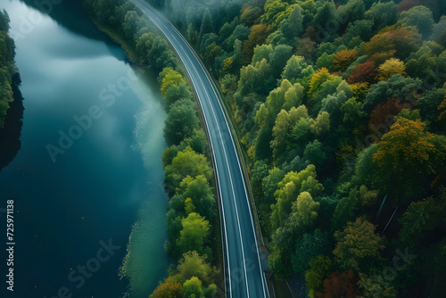 Aerial View of Winding Road Through Forest © Ilugram