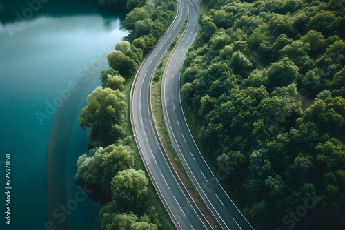 Aerial View of a Winding Road Through a Forest © Ilugram