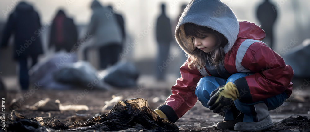 child collecting garbage taking care of the environment giving setting an example for adults child collecting garbage taking care of the environment giving setting an example for adults