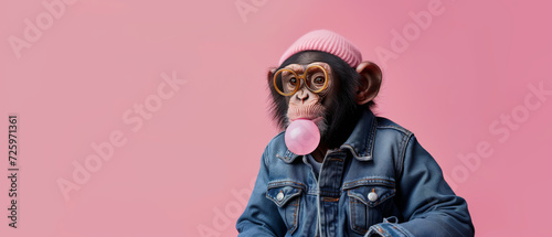 anthropomorphic monkey in denim clothes makes bubble gum bubbles, graphic illustration, copy space photo
