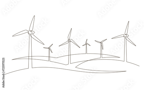 Hilly landscape with wind farm turbines energy continuous one line icon drawing. Renewable source green energy concept vector illustration. Contour one line sign for innovation, environment design