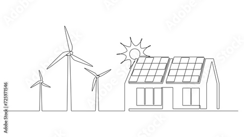 Wind farm turbine, house solar panel with sun continuous one line icon drawing.  Energy of sun with ecology home power station vector illustration in doodle style. Contour line sign for innovation