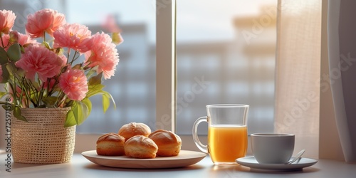 minimalistic design A Mother's Day arrangement with tea and scones in front of a bright window photo