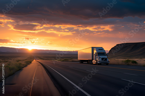 Semi Truck on Sunset Highway © Ilugram