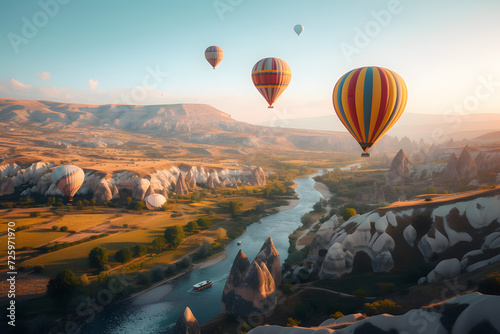 Group of Hot Air Balloons Flying Over River