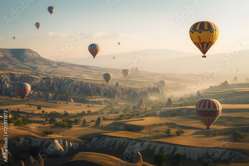 Group of Hot Air Balloons Flying Over Valley