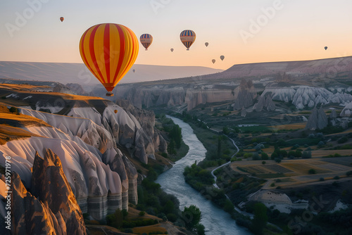 Formation of Hot Air Balloons Glide Over a River
