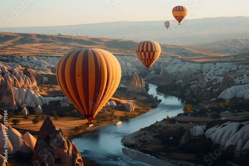 Three Hot Air Balloons Flying Over a River