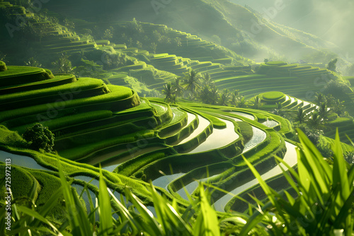 Mountain Overlooking Lush Green Rice Field