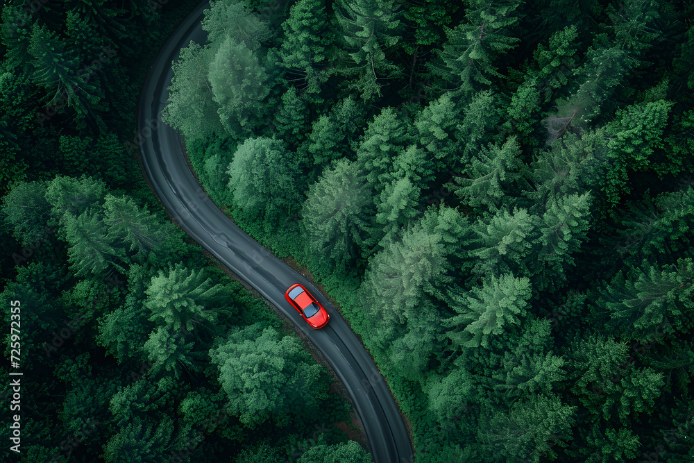 Aerial View of Car Driving on Forest Road