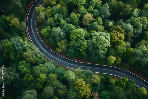 Aerial View of a Winding Road Surrounded by Trees © Ilugram