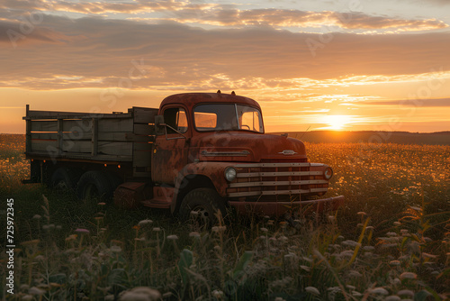 Old Truck Parked in Field at Sunset © Ilugram
