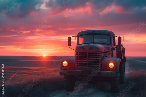 Red Truck Driving Down Dirt Road at Sunset