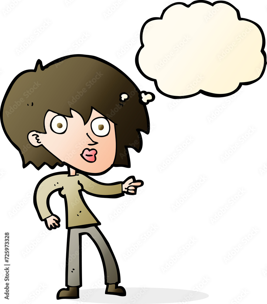 cartoon surprised woman pointing with thought bubble cartoon surprised woman pointing with thought bubble