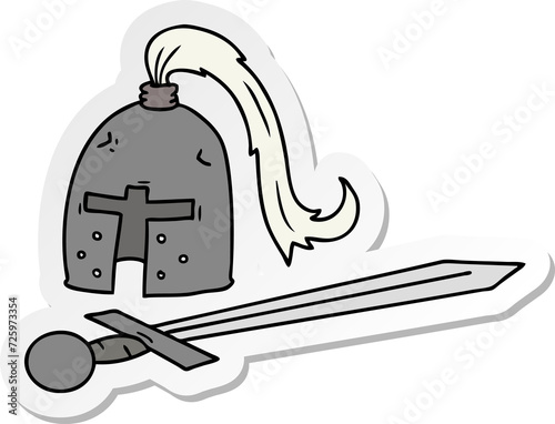 sticker cartoon doodle of a medieval helmet and sword photo