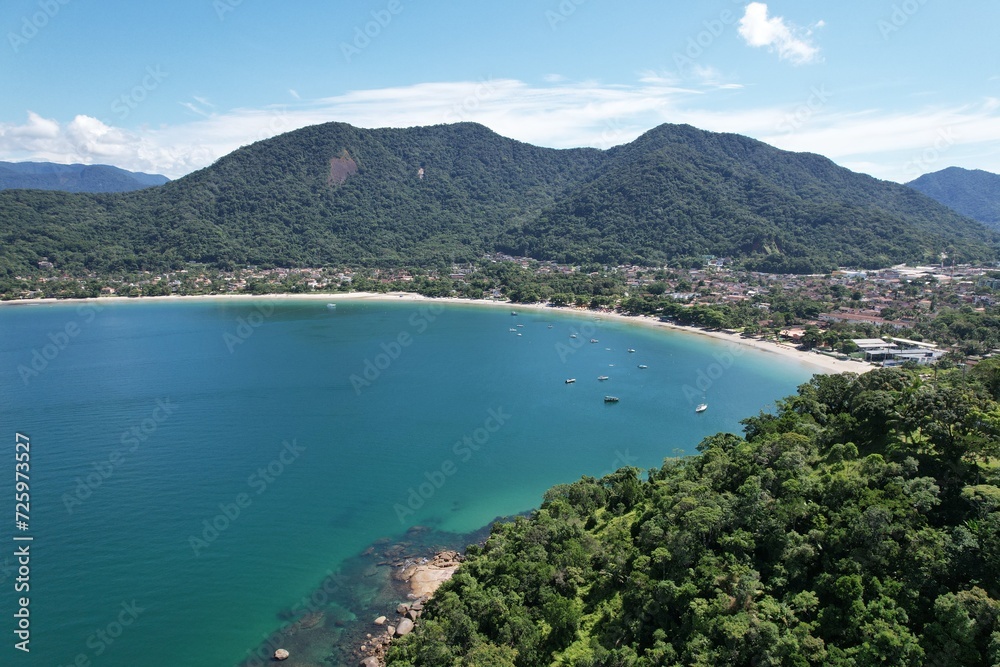 Drone view of Lazaro beach, at Ubatuba, Brazil 