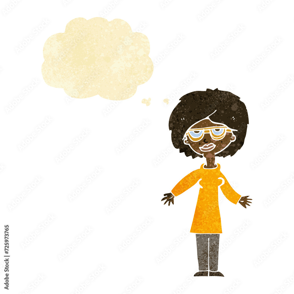 cartoon woman wearing glasses with thought bubble cartoon woman wearing glasses with thought bubble