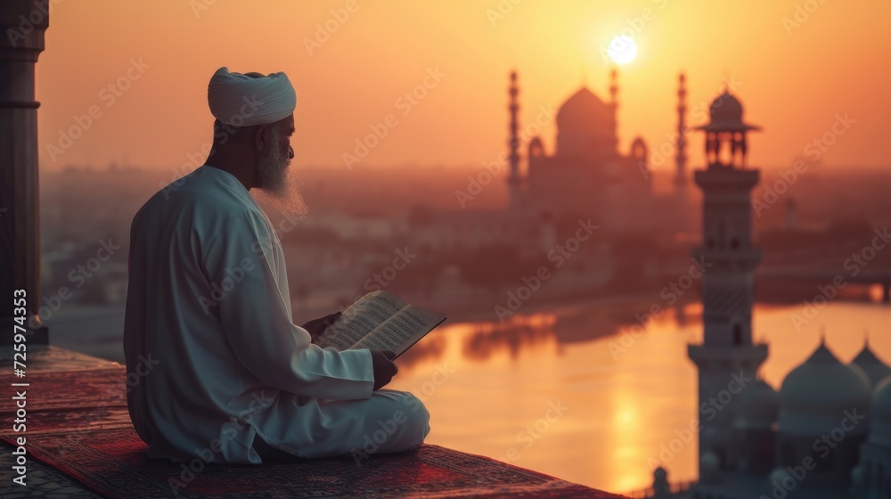 Fototapeta premium Muslim man reading the Koran at dawn