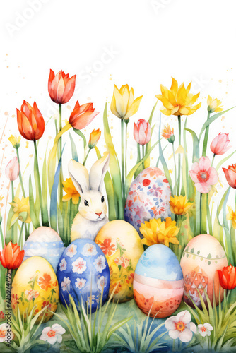 Easter postcard concept. Cute fluffy bunnies in watercolor style with flowers, colorful eggs on the light background