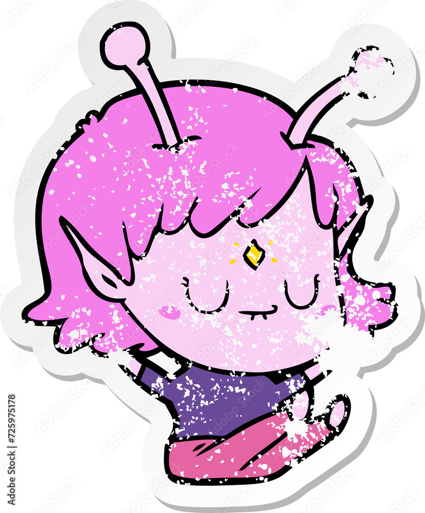 distressed sticker of a cartoon alien girl distressed sticker of a cartoon alien girl
