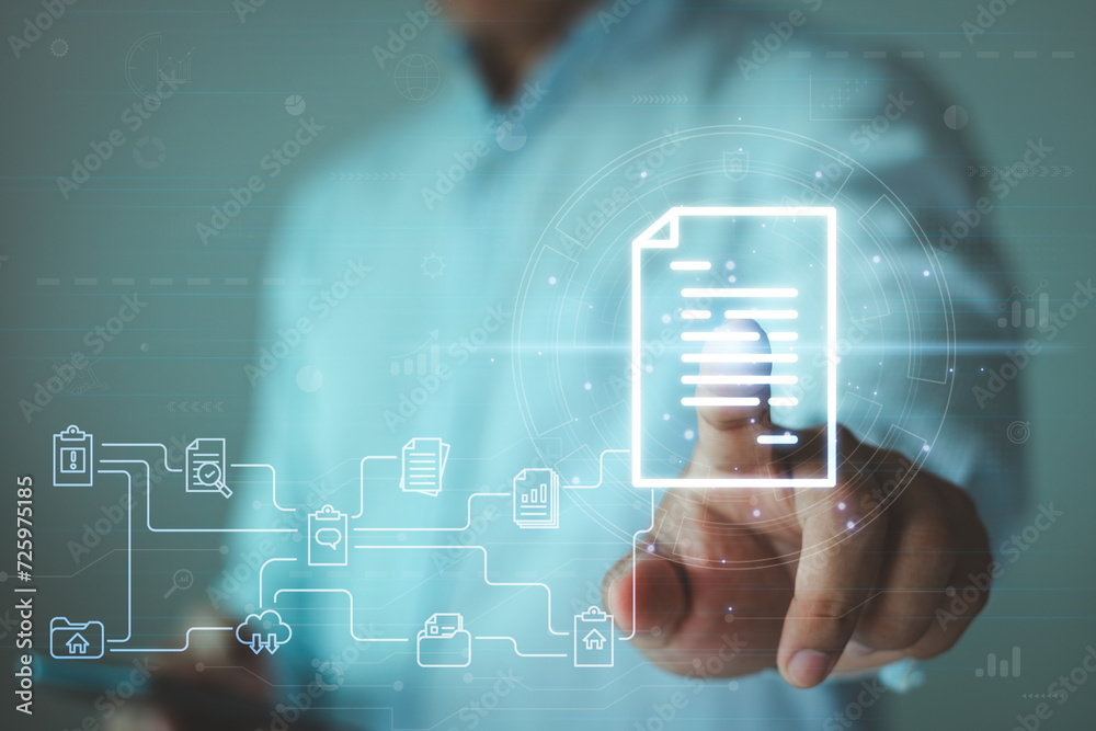 Obraz premium Document Management System DMS, Online documentation database service, Ai automation process to efficiently manage files, folders, information in enterprise. Computer technology access business data.
