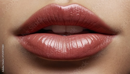 Close-up of a woman s lips ajar. Sexy glossy beige color. Concept of cosmetic products  lipstick or lip gloss  and for medical purposes lip augmentation.