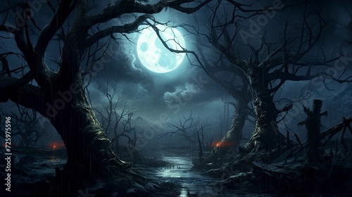 an illustration,night in the magic forest with many trees and huge moon