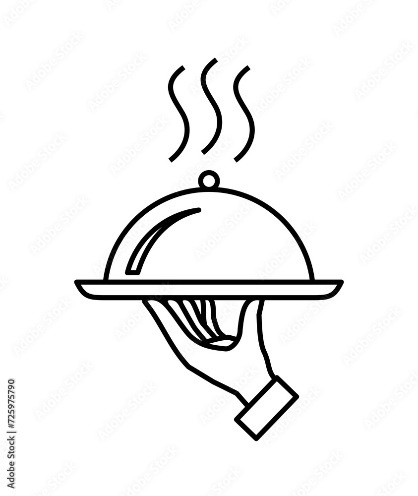 Fototapeta premium Waiter hand or cloche icon. Symbol of service, menu or catering. Hand with a tray, an attribute of cafes, restaurants or hotels. Designation of breakfast, lunch or dinner.