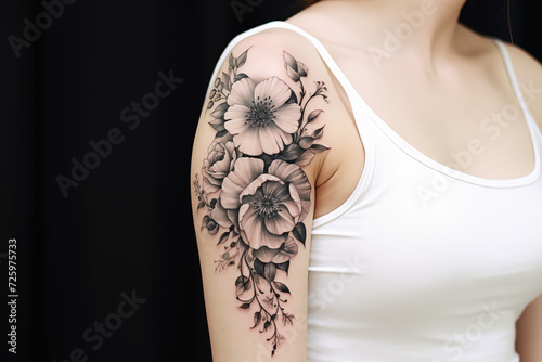 Black flower tattoo on skin.  Black flower tattoo on arm.Woman's tattoo, flowers. Flower tattoo. Black color. Tattoo ideas for women. Tattoo parlor. Tattoo artist profession.
​