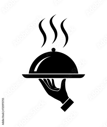 Waiter hand or cloche icon. Symbol of service, menu or catering. Hand with a tray, an attribute of cafes, restaurants or hotels. Designation of breakfast, lunch or dinner.