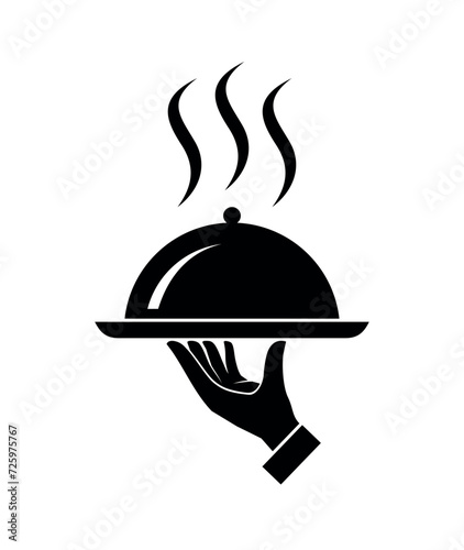 Waiter hand or cloche icon. Symbol of service, menu or catering. Hand with a tray, an attribute of cafes, restaurants or hotels. Designation of breakfast, lunch or dinner.