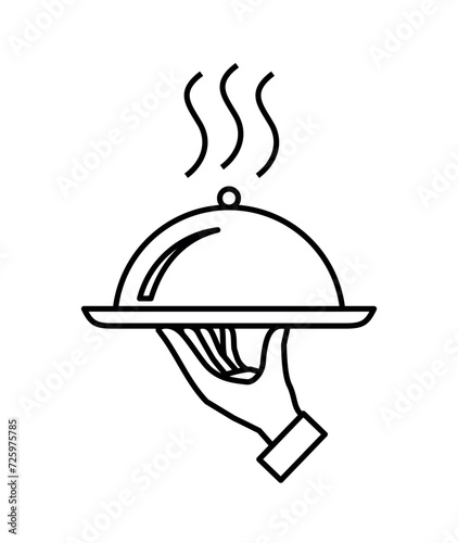 Waiter hand or cloche icon. Symbol of service, menu or catering. Hand with a tray, an attribute of cafes, restaurants or hotels. Designation of breakfast, lunch or dinner.
