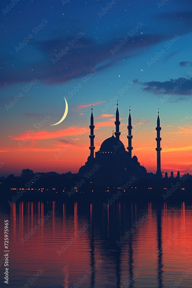Mosque Silhouette Under a Crescent Moon