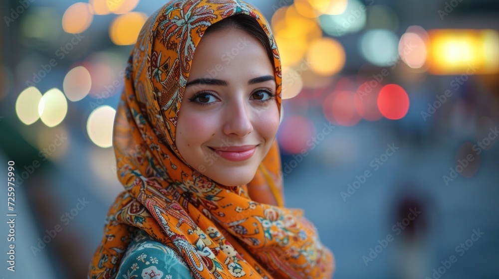 Young woman in a patterned hijab on a city background