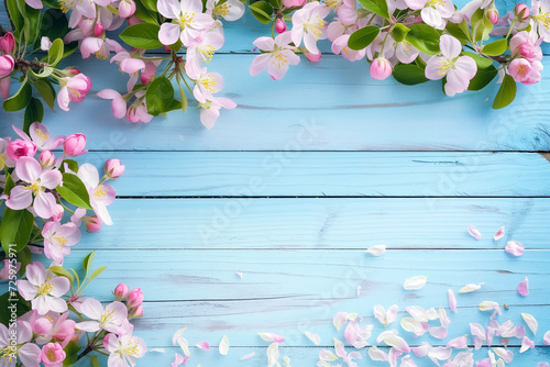 Pink cherry tree flowers blooming in spring, easter time blooms on painted blue wood. Floral banner background,  graphic resource for copy space text by Vita