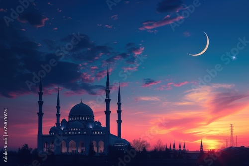Mosque Silhouette Under a Crescent Moon