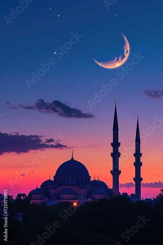 Mosque Silhouette Under a Crescent Moon