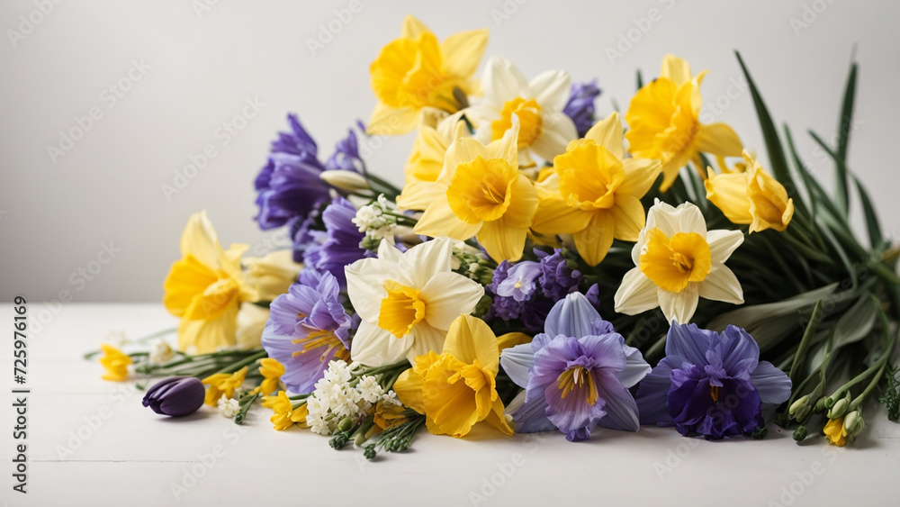 a bouquet of spring flowers on a white background.  Pastel color. Wedding mockup.