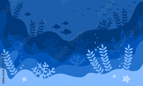 Ocean. Sea underwater background. Ocean bottom with seaweeds. Vector marine illustration. Background under ocean cave with fishes coral reef seabed in algae waves