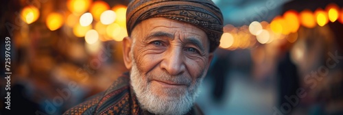 Portrait of an elderly Muslim gentleman against the background of lanterns