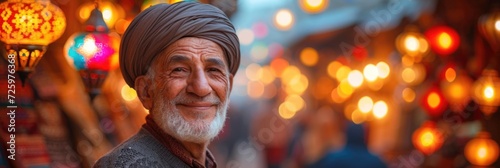 Portrait of an elderly Muslim gentleman against the background of lanterns