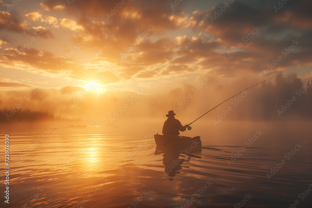 Fishing in a boat at dawn