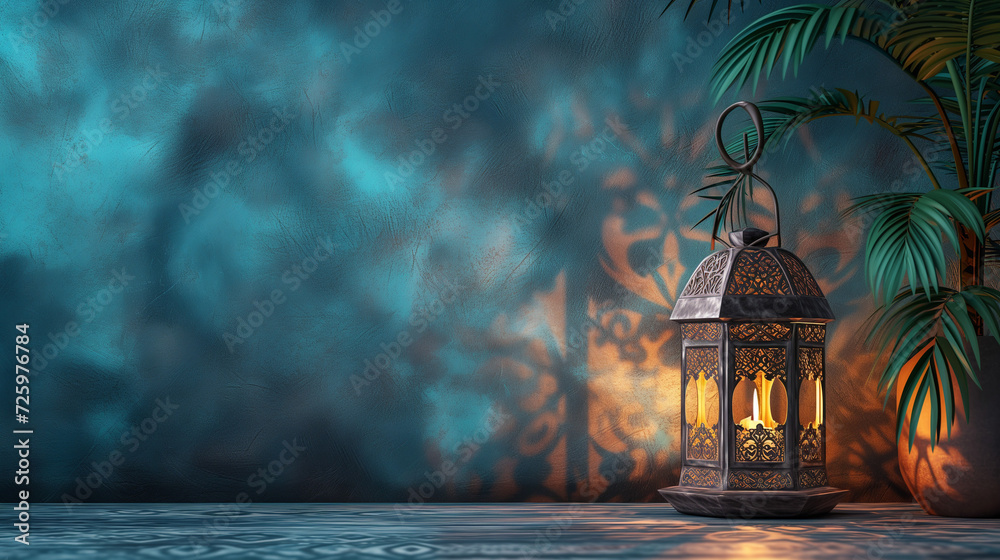 deep navy blue background with a plant is gracefully illuminated by an elegant Arabesque lantern - obrazy, fototapety, plakaty 