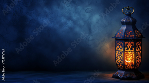 Deep navy blue background is gracefully lit by a vintage Arabesque lantern, crafting an enchanting blend of nostalgia