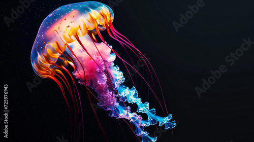 A stunning photograph capturing the beauty of a vibrant jellyfish floating gracefully in the water, against a captivating black background. Its dazzling colors and delicate tentacles create